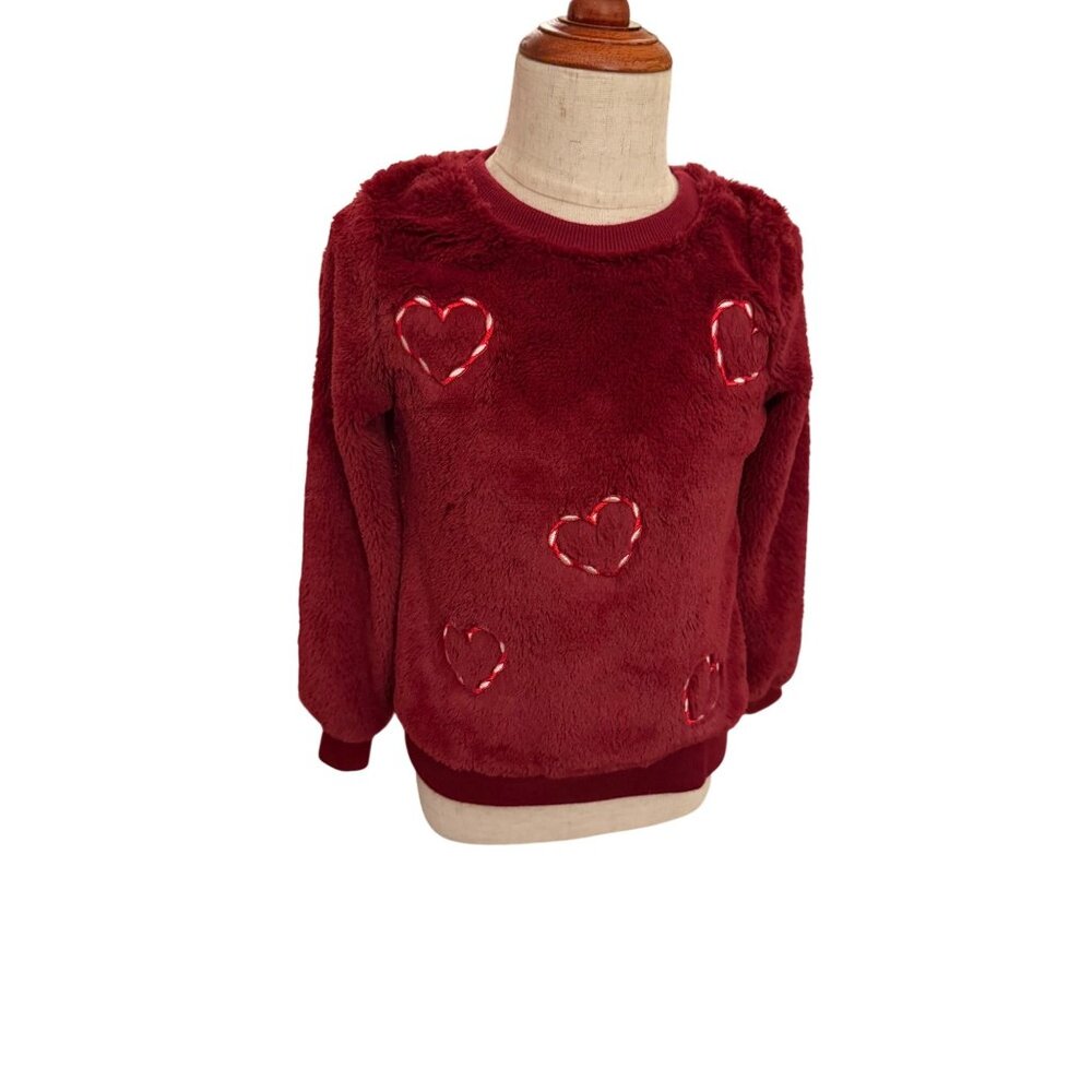 Btween Girls Fuzzy Valentine Hearts Sweater – Burgundy – Size 5